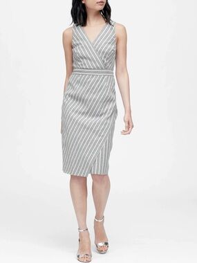 NWT Banana Republic Faux Wrap Sheath Dress Linen Cotton Gray & White Stripe 12